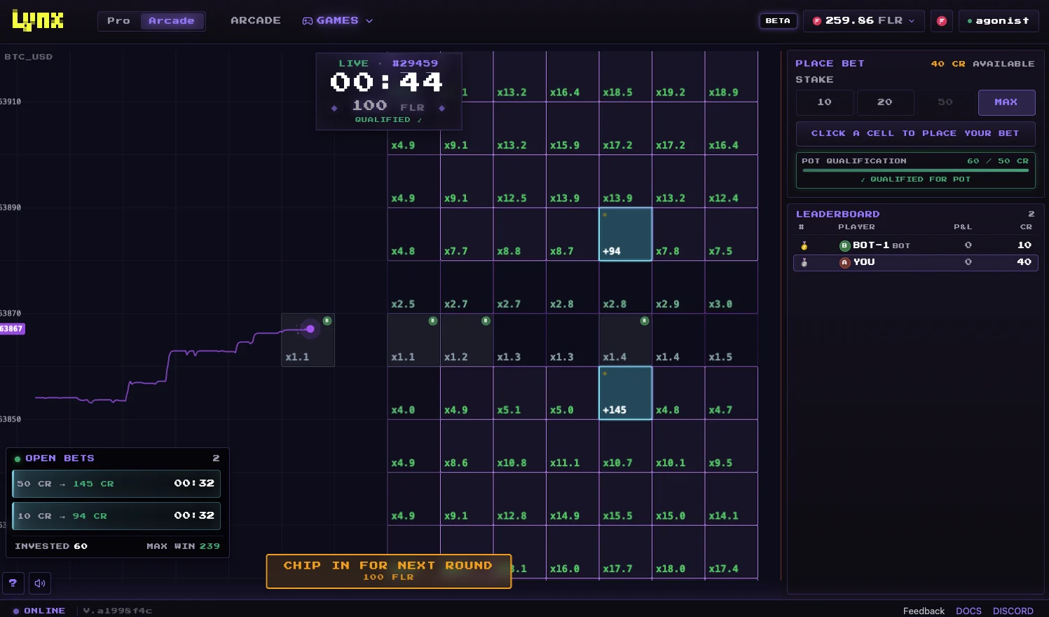 Gridy multiplayer round with live price chart, multiplier grid, open bets, and leaderboard