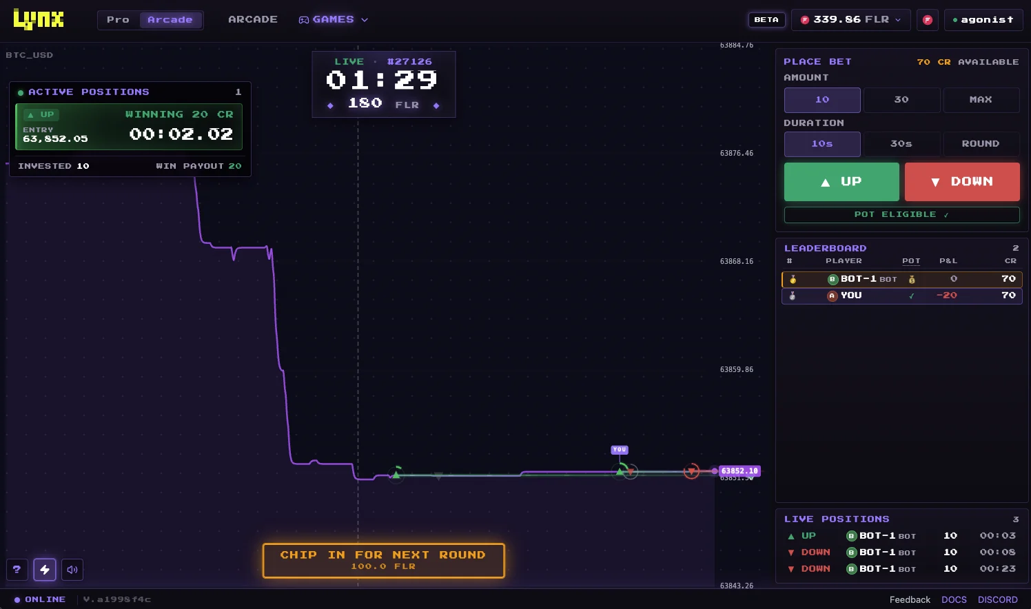 Uppy multiplayer round with live BTC price chart, direction controls, positions, and leaderboard